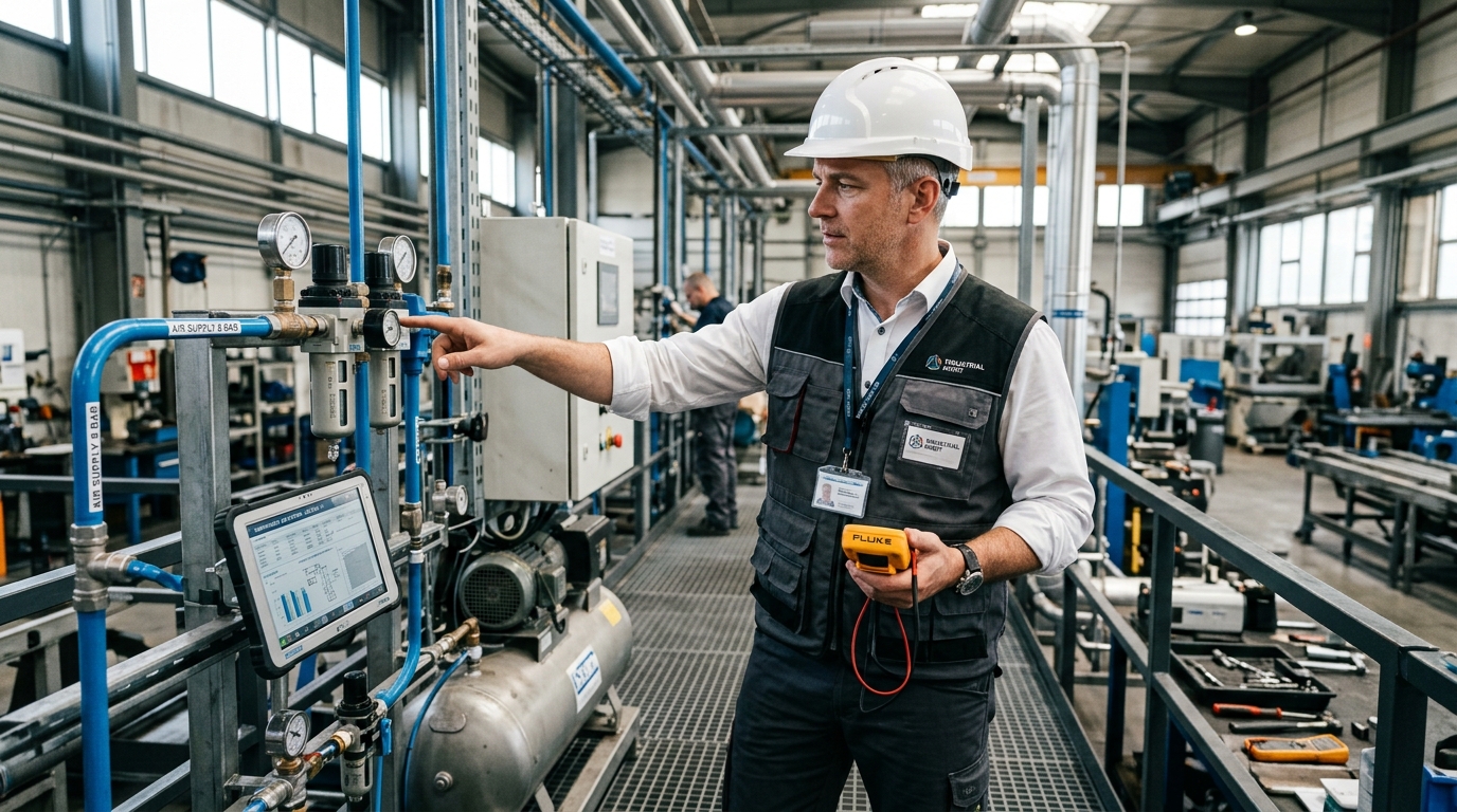 Эксперт проводит аудит пневматической системы на производстве