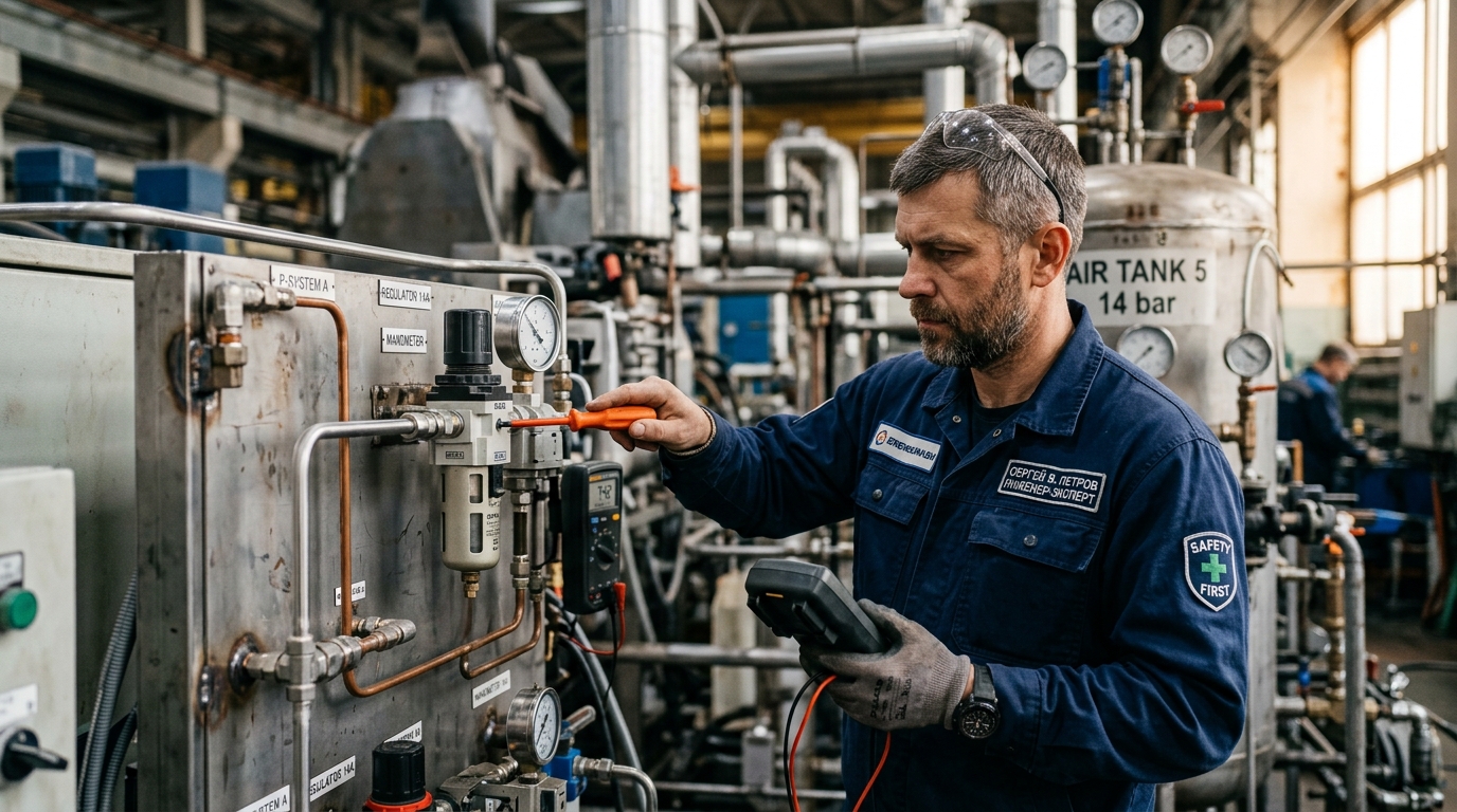 Инженер-эксперт настраивает регулятор давления в пневмосистеме на заводе