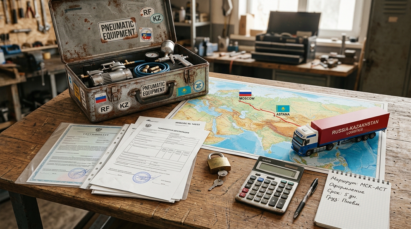 Инфографика с пошаговым планом организации доставки пневмооборудования из России в Казахстан