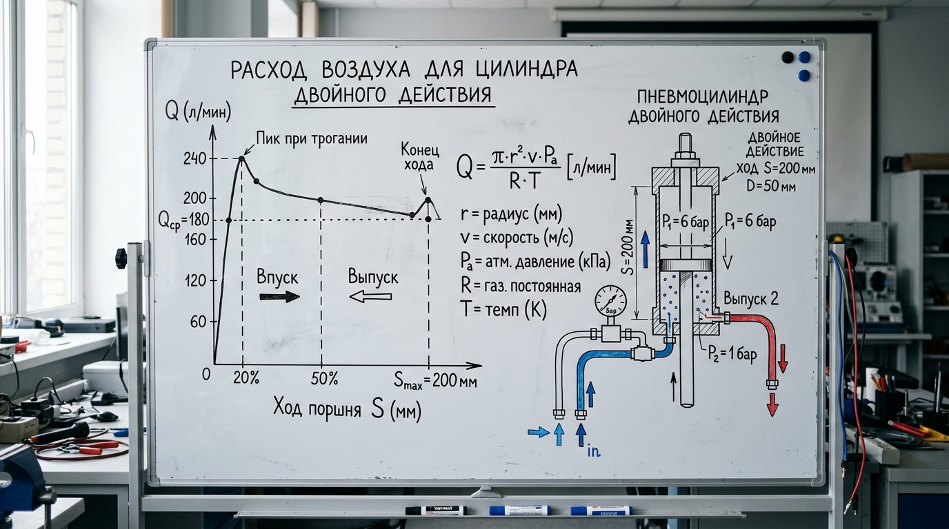 Графическое изображение формулы расчета расхода воздуха для пневмоцилиндра двойного действия