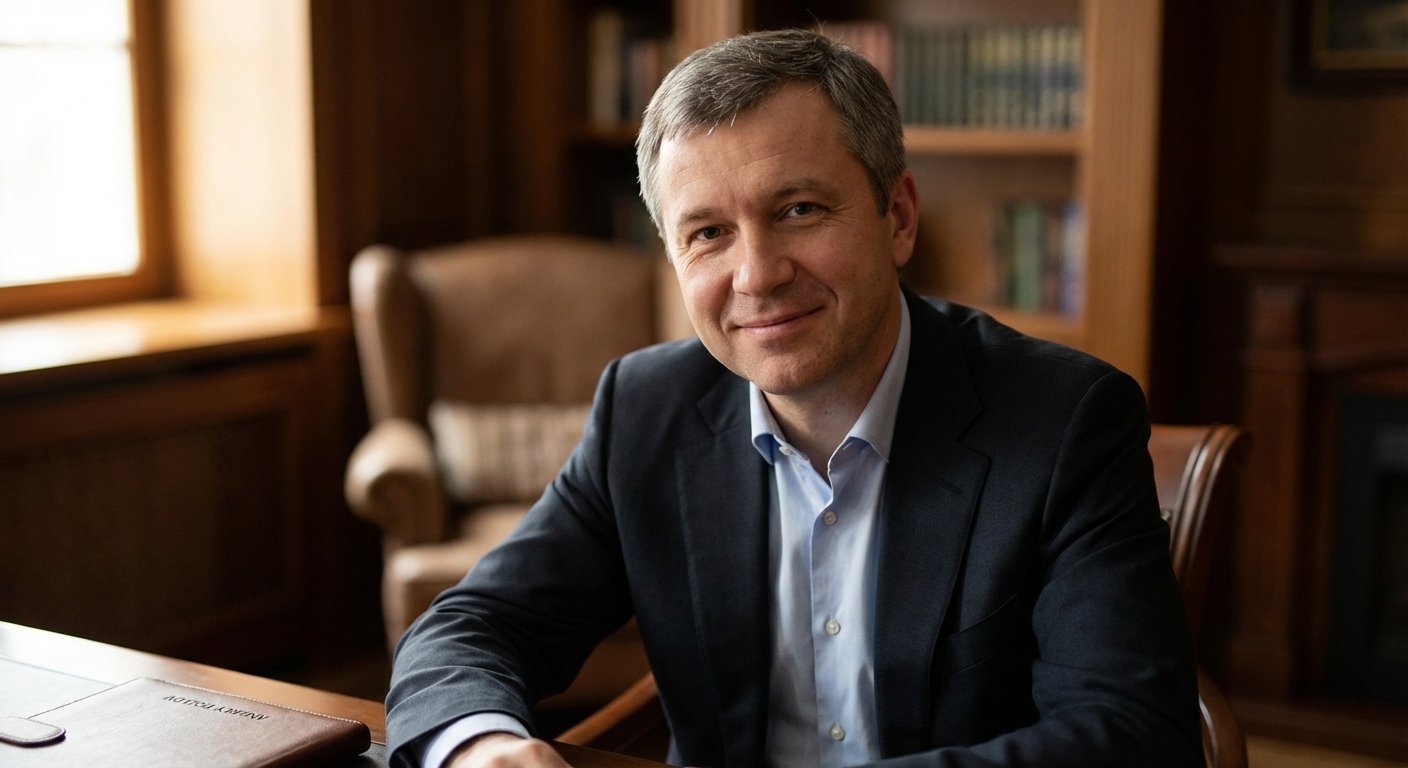 Реалистичный профессиональный портрет (лицо). Человек: Андрей Козлов. Деловой стиль, студийный свет, уютная обстановка.