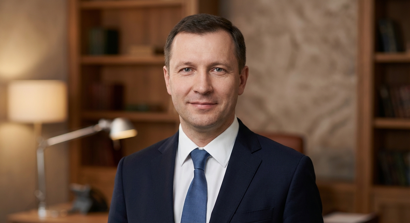 Реалистичный профессиональный портрет (лицо). Человек: Алексей Ковалёв. Деловой стиль, студийный свет, уютная обстановка.