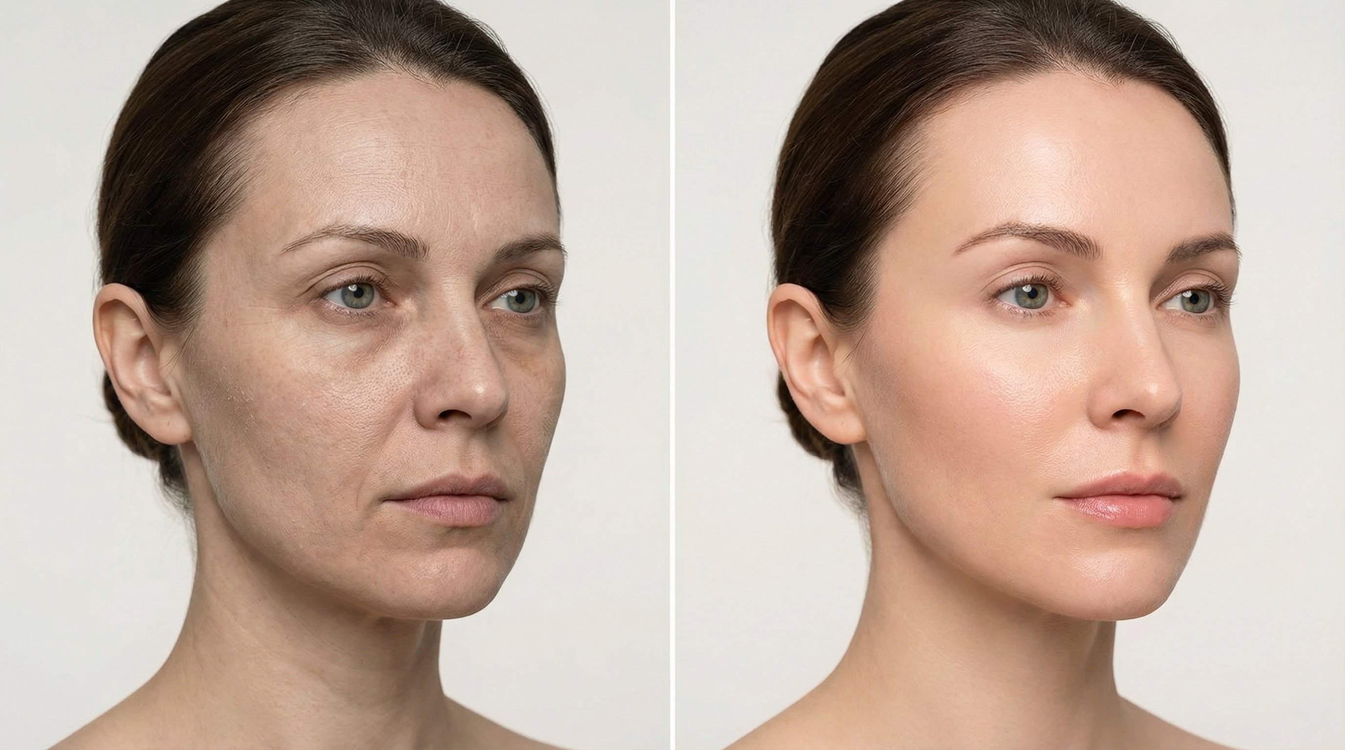 Результат биоревитализации — увлажнённая упругая кожа лица до и после курса инъекций гиалуроновой кислоты
