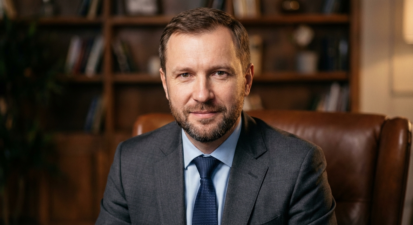 Реалистичный профессиональный портрет (лицо). Человек: Максим Ковалев. Деловой стиль, студийный свет, уютная обстановка.