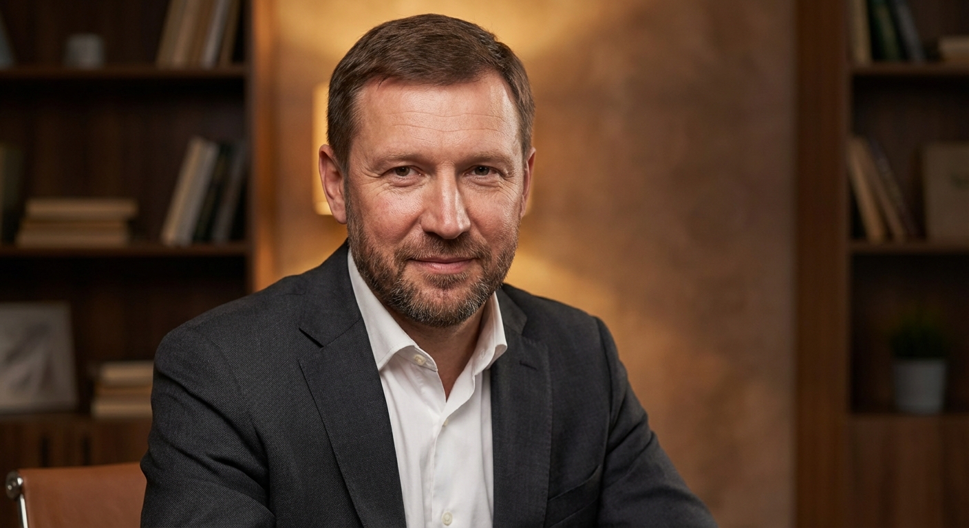 Реалистичный профессиональный портрет (лицо). Человек: Андрей Козлов. Деловой стиль, студийный свет, уютная обстановка.