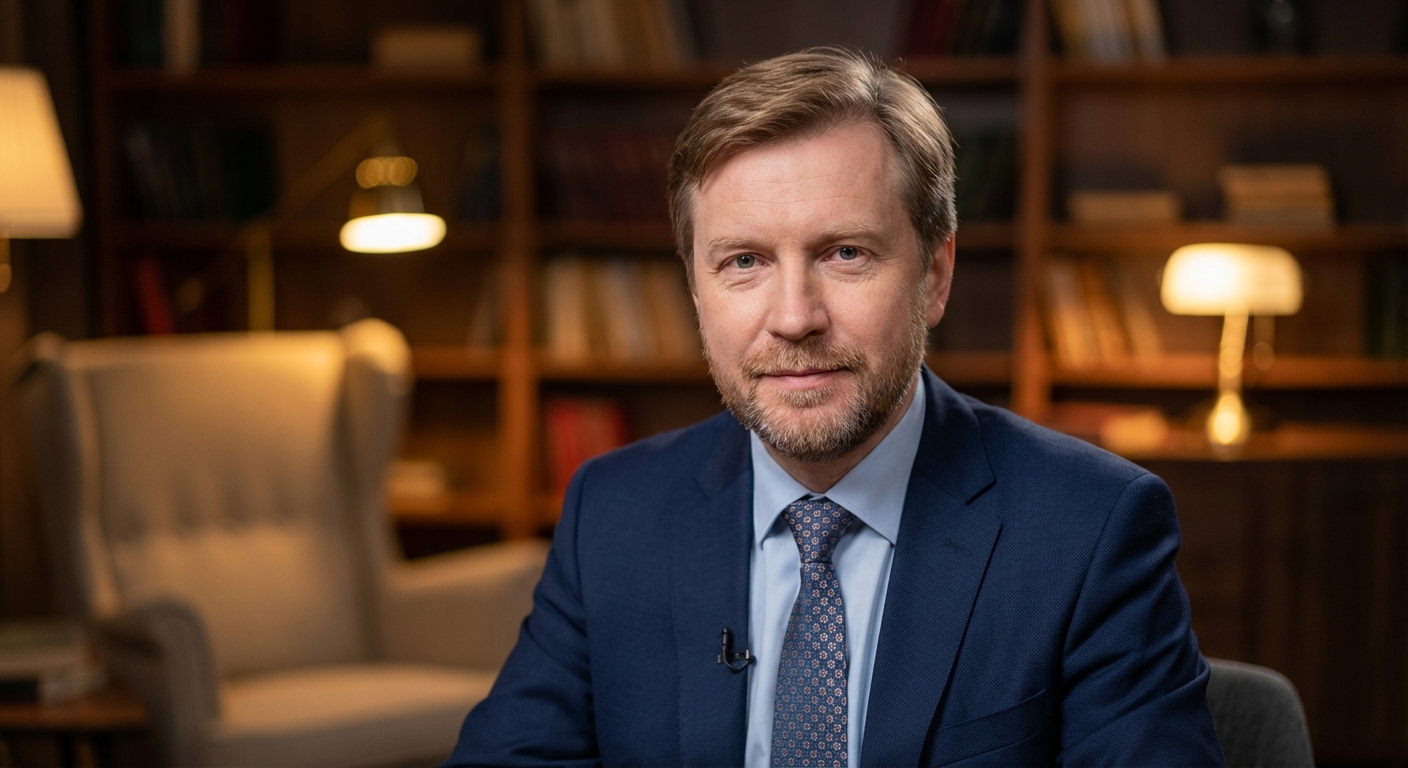 Реалистичный профессиональный портрет (лицо). Человек: Алексей Громов. Деловой стиль, студийный свет, уютная обстановка.