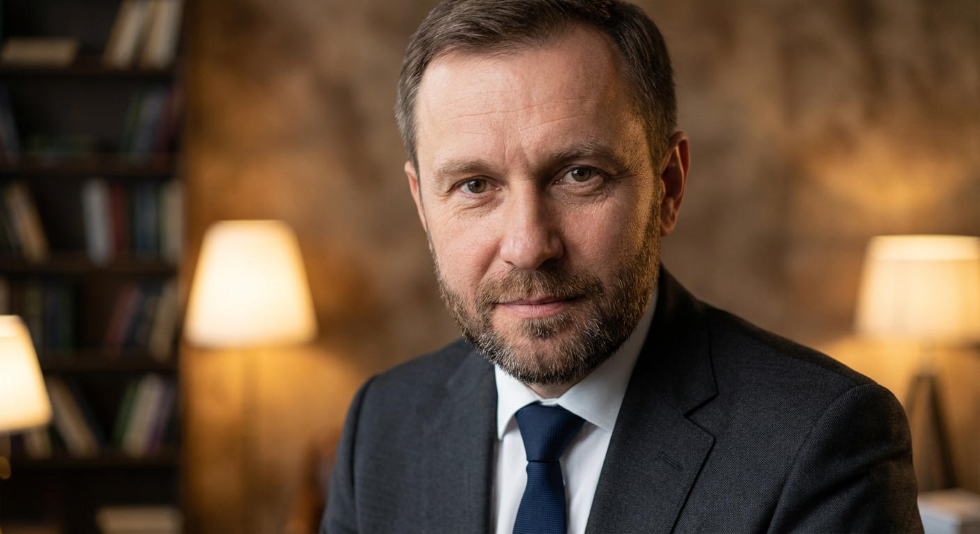 Реалистичный профессиональный портрет (лицо). Человек: Андрей Козлов. Деловой стиль, студийный свет, уютная обстановка.