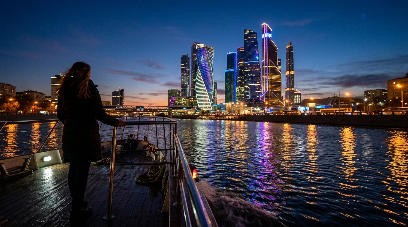 Вечерняя речная прогулка по Москве-реке с подсветкой небоскребов Москва-Сити
