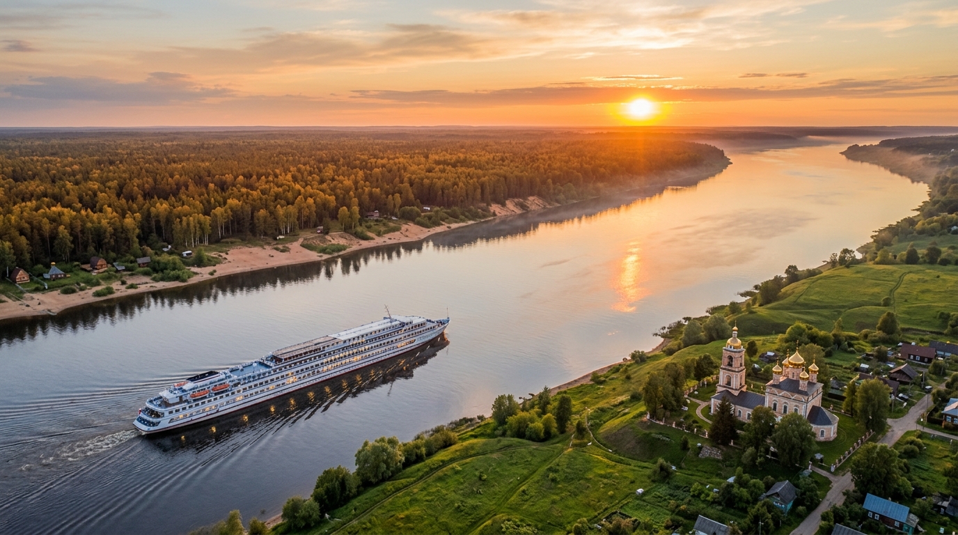 Панорама Волги с круизным лайнером и прибрежными видами
