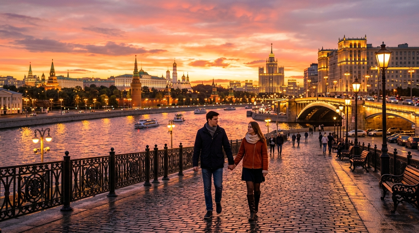 Вечерняя речная прогулка с подсветкой мостов и зданий на фоне заката над Москвой-рекой