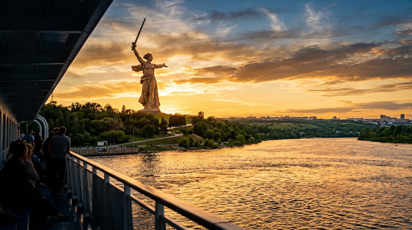 Монумент Родина-мать зовет! в Волгограде с панорамой Волги с речного лайнера