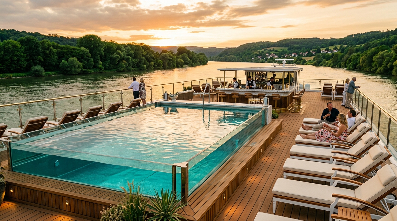 Роскошная палуба речного лайнера с бассейном и зоной отдыха на фоне реки