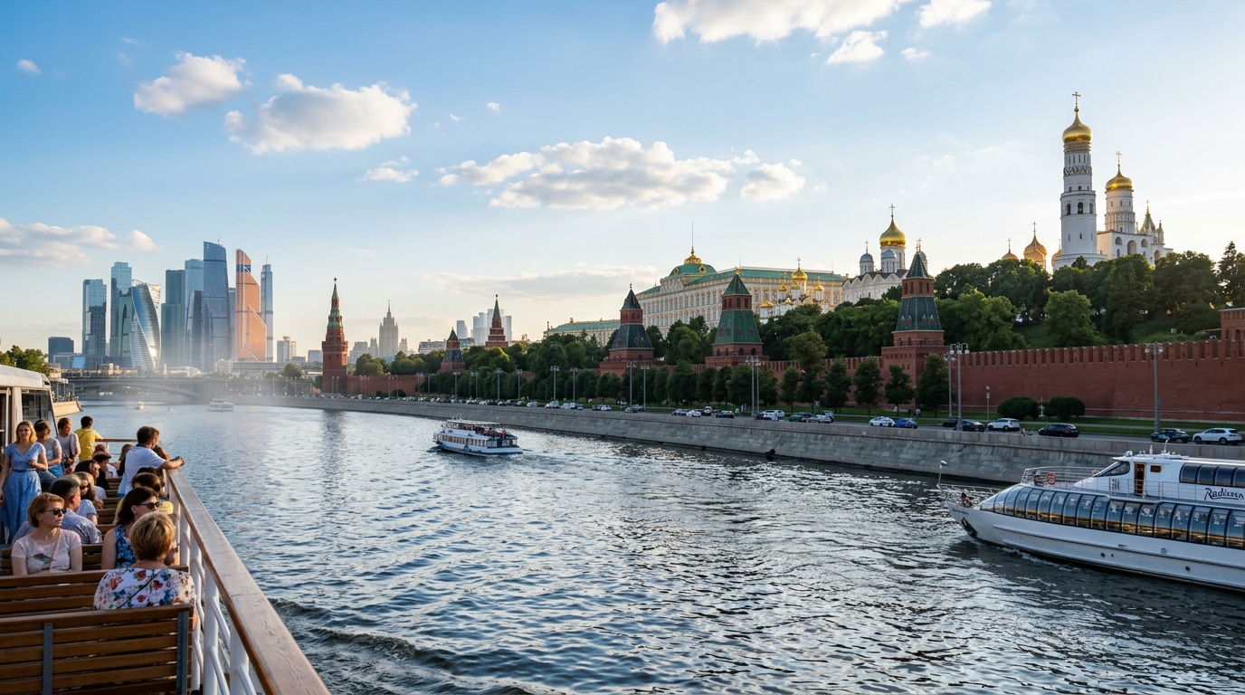 Панорамный вид на Москву-реку с трамвайчика во время прогулки мимо Кремля