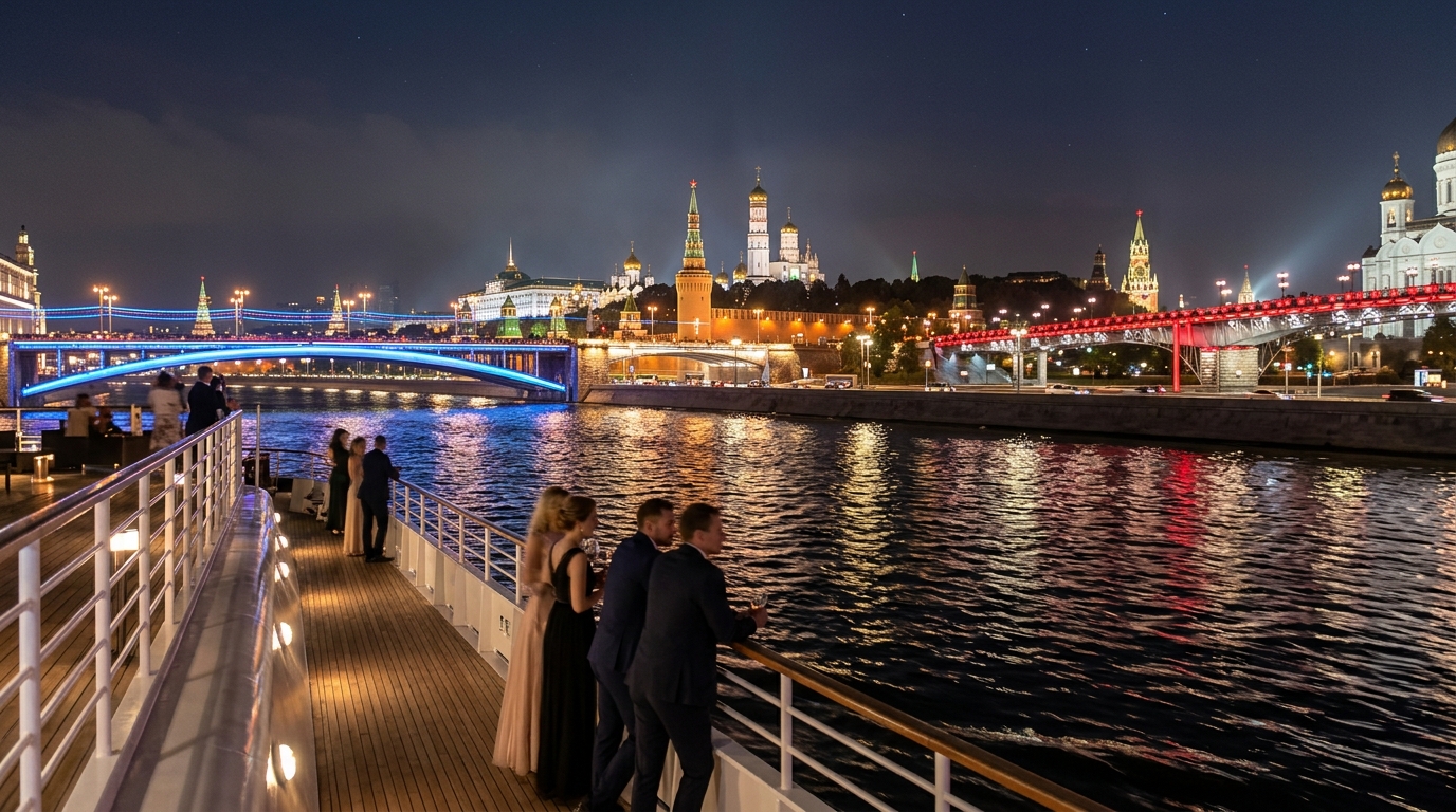 Ночной круиз по Москве-реке с подсвеченными Кремлем и мостами