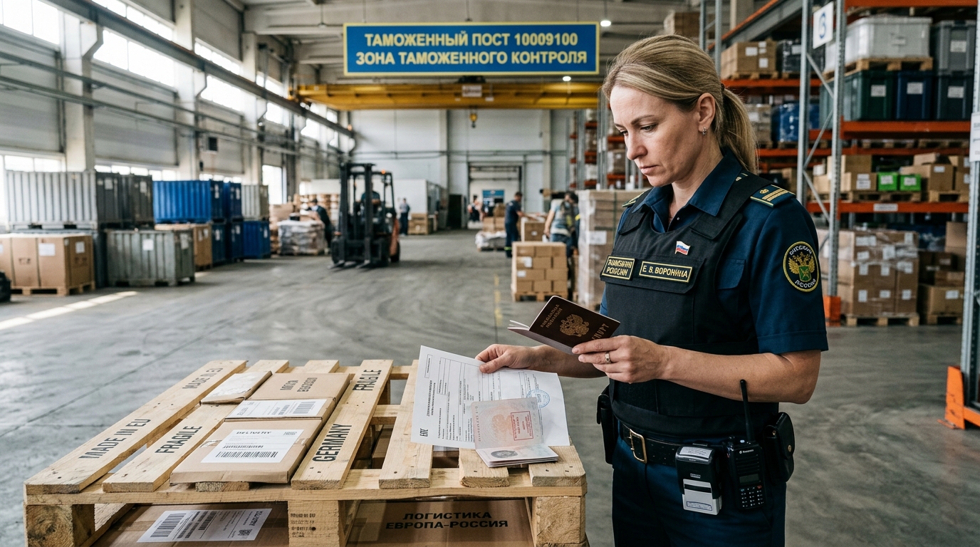 Сотрудник таможни проверяет документы на груз из Европы в российском терминале