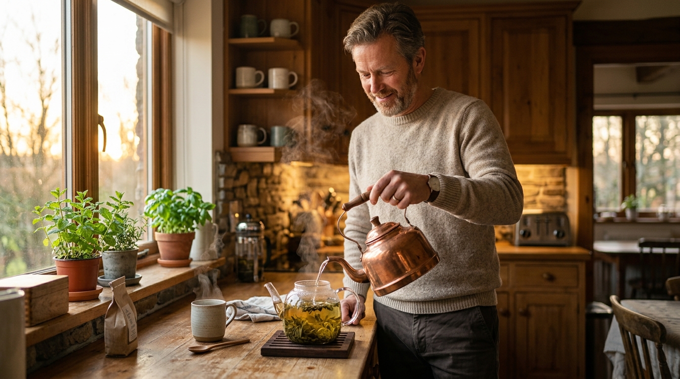 Человек заваривает чай утром на кухне, иллюстрируя ежедневный ритуал для здоровья