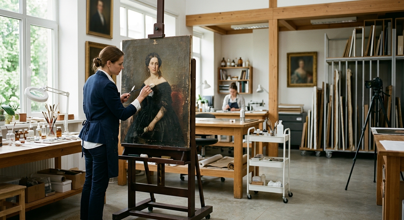 Долговечность и уход: как сохранить ваш портрет на холсте ярким на долгие годы, специалист за работой, рабочая обстановка, деловая атмосфера