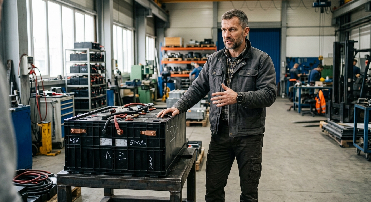 Тяговая АКБ 48V 500Ah: на какую технику ставить и как правильно заряжать, специалист за работой, рабочая обстановка, деловая атмосфера