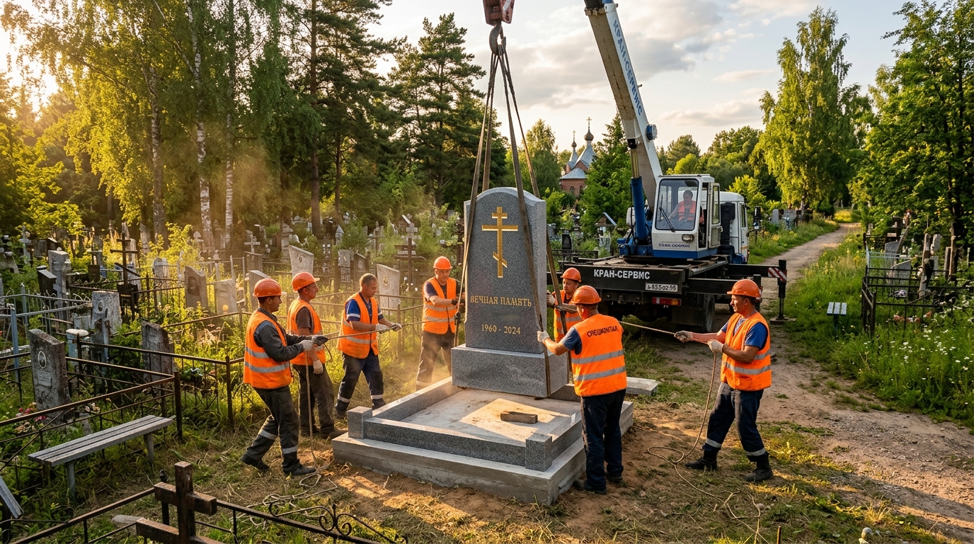 Установка памятника летом на российском кладбище