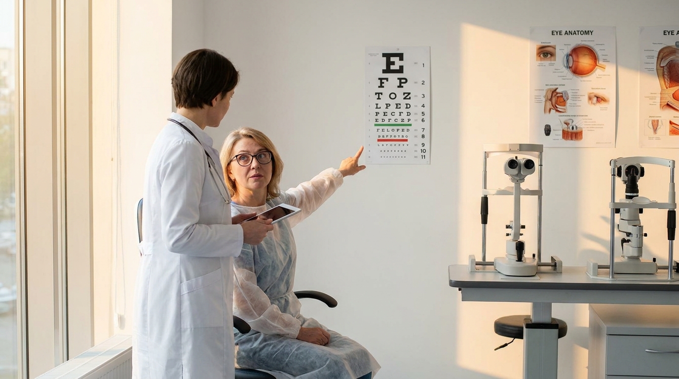 Пациент на приеме у офтальмолога проверяет зрение на таблице с буквами