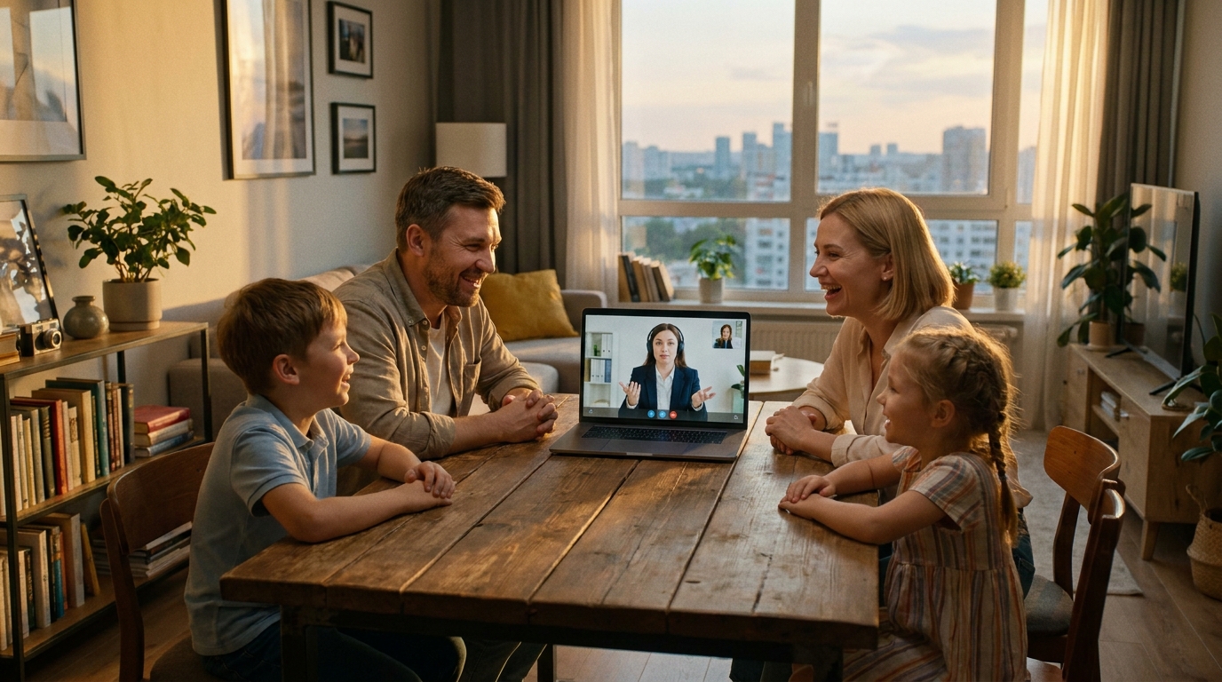 Семья в видео-консультации с психологом на российском сервисе