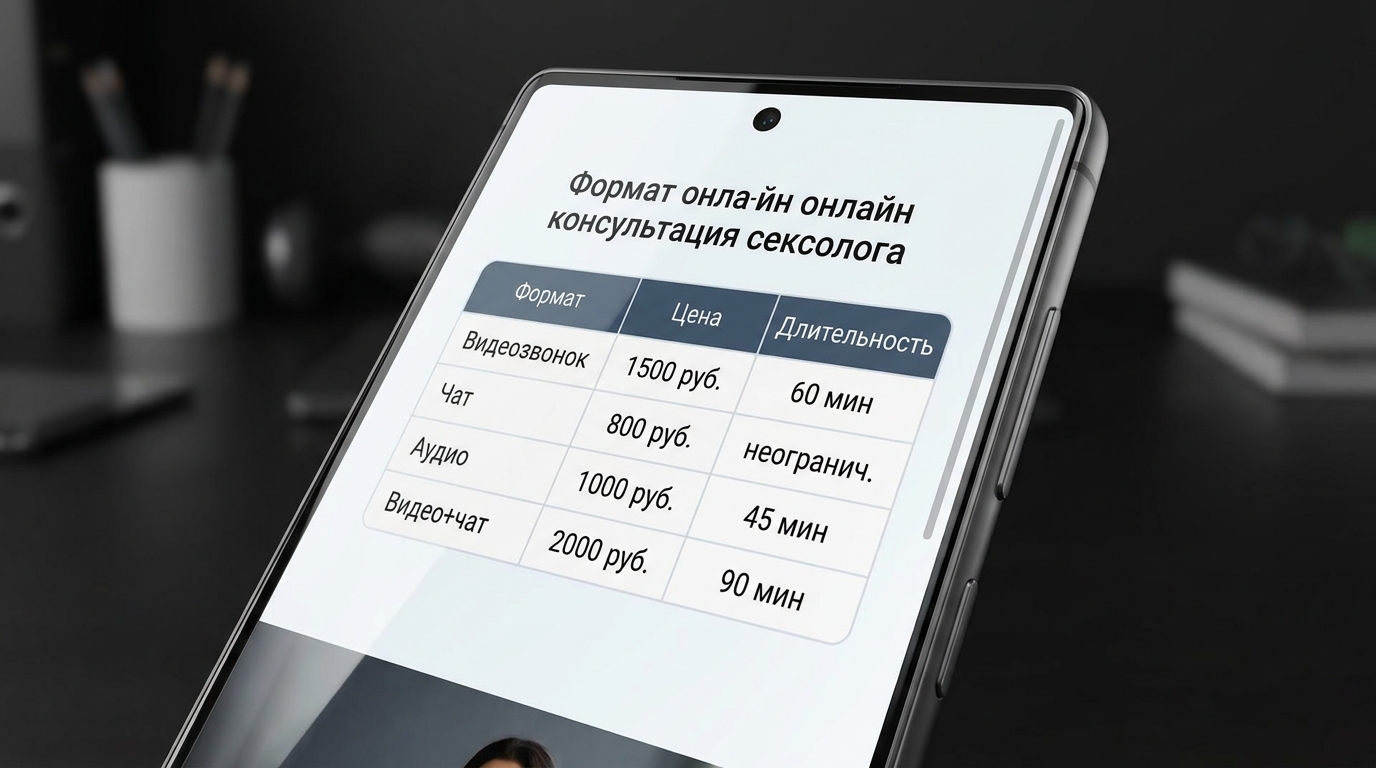 Таблица сравнения цен и форматов онлайн-консультаций сексолога на экране смартфона