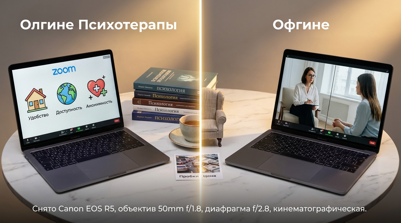 Инфографика сравнения онлайн и оффлайн психотерапии с плюсами и минусами