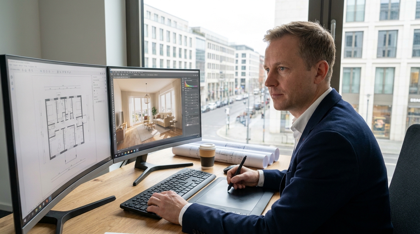 Как выбрать тип освещения для интерьера на этапе 3D-проектирования, male specialist at work, modern office or workspace, business casual clothing