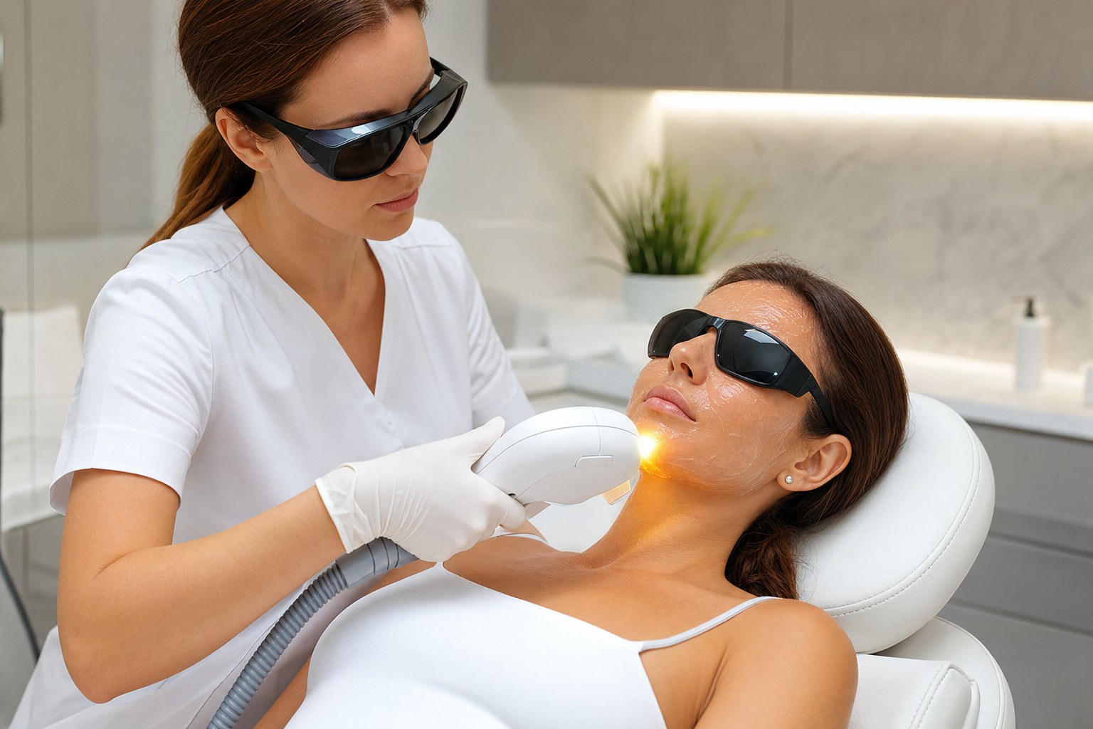IPL-фотоомоложение лица на аппарате Venus Versa: процедура с защитными очками и контактным охлаждением