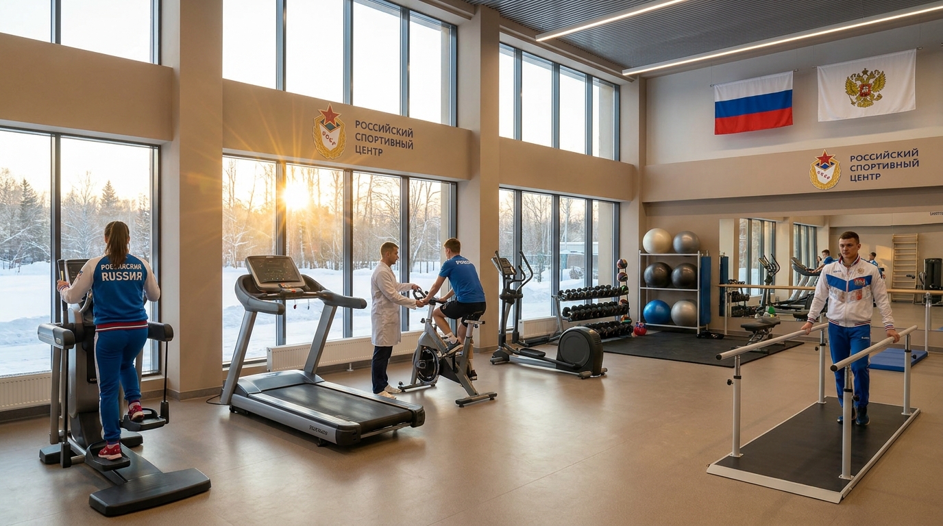Современный зал реабилитации в российском центре с тренажерами для спортсменов