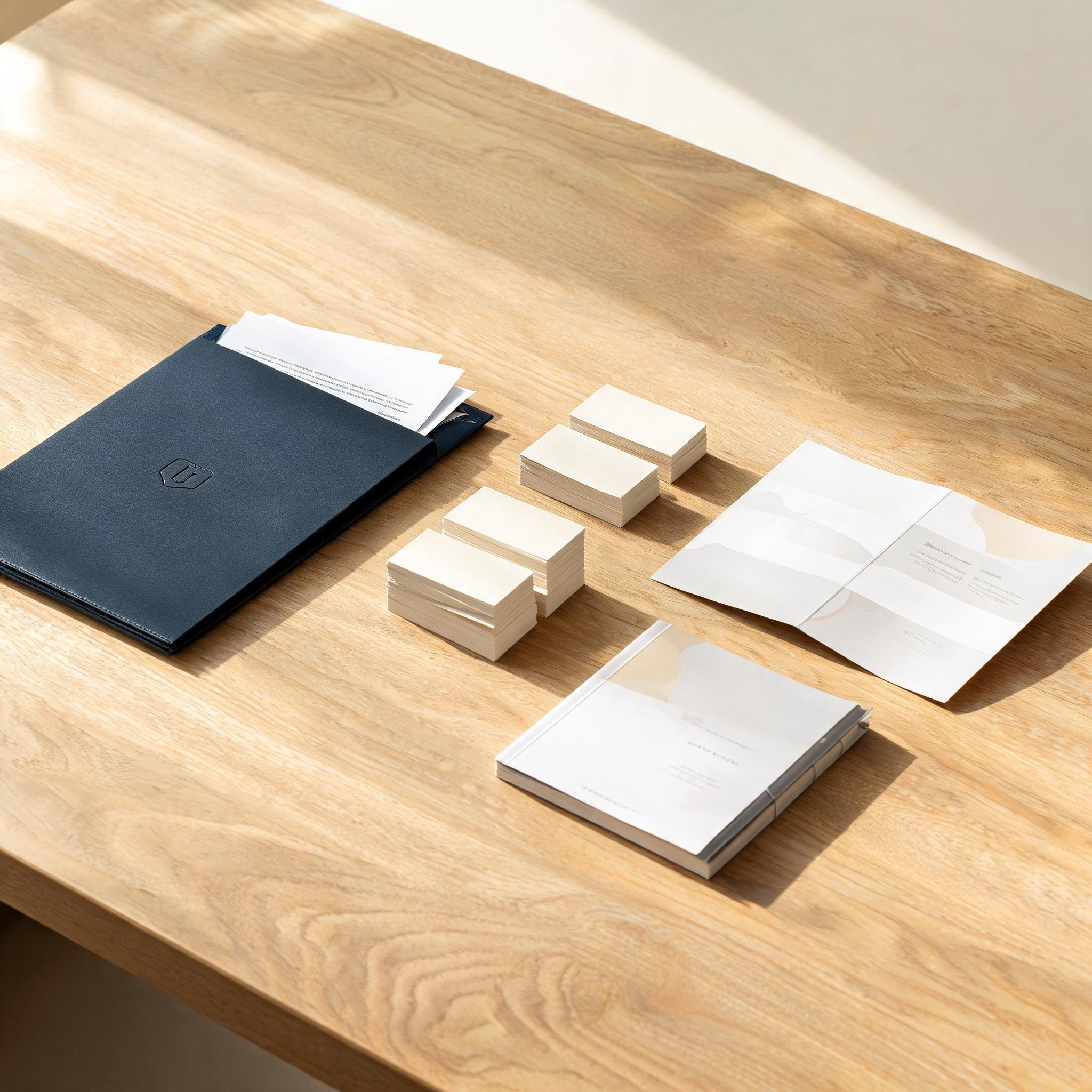 Flat lay: деловые печатные материалы B2B — визитки, буклет, папка с документами на офисном столе