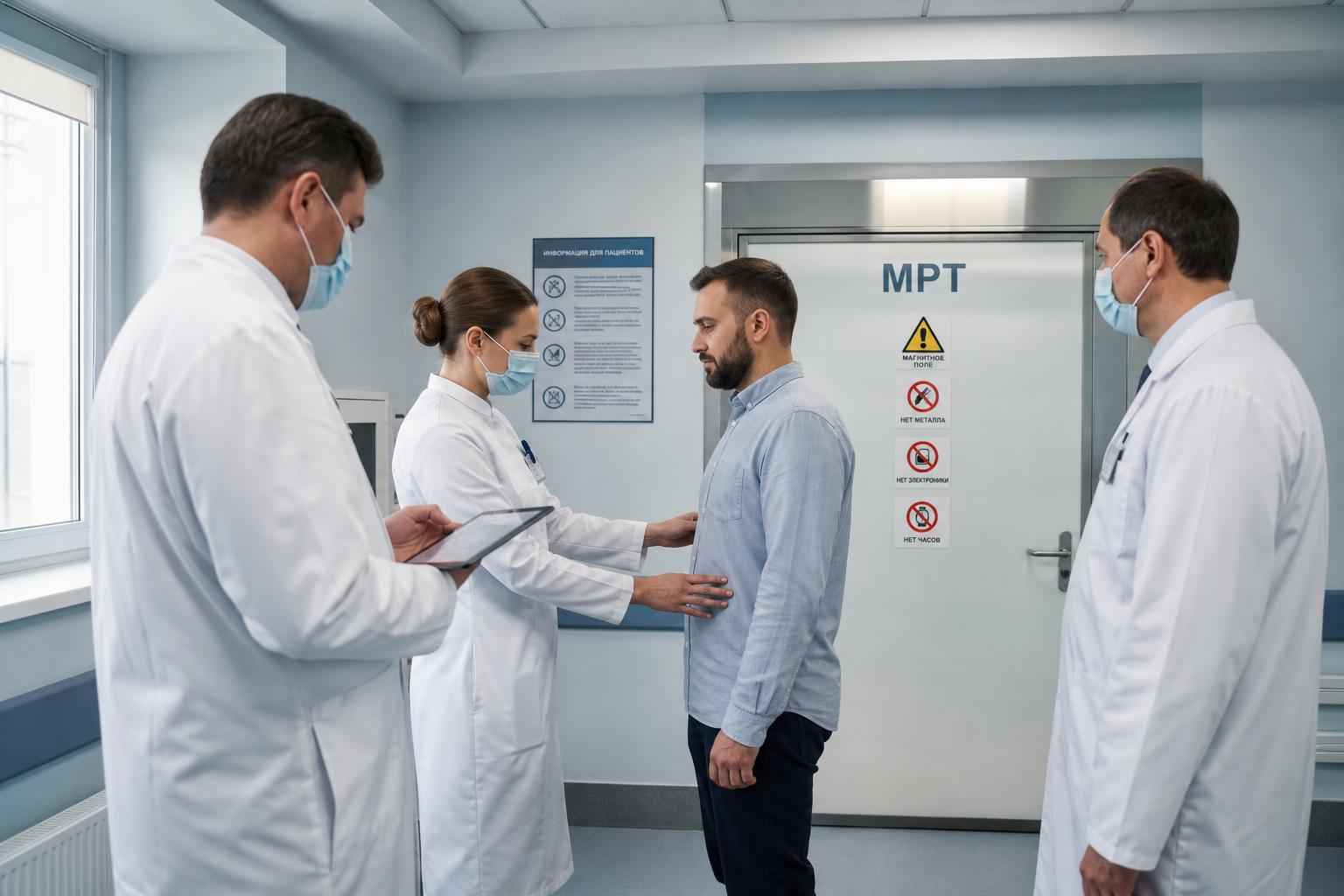 Медицинский персонал проводит проверку безопасности перед входом в зону МРТ в российской клинике