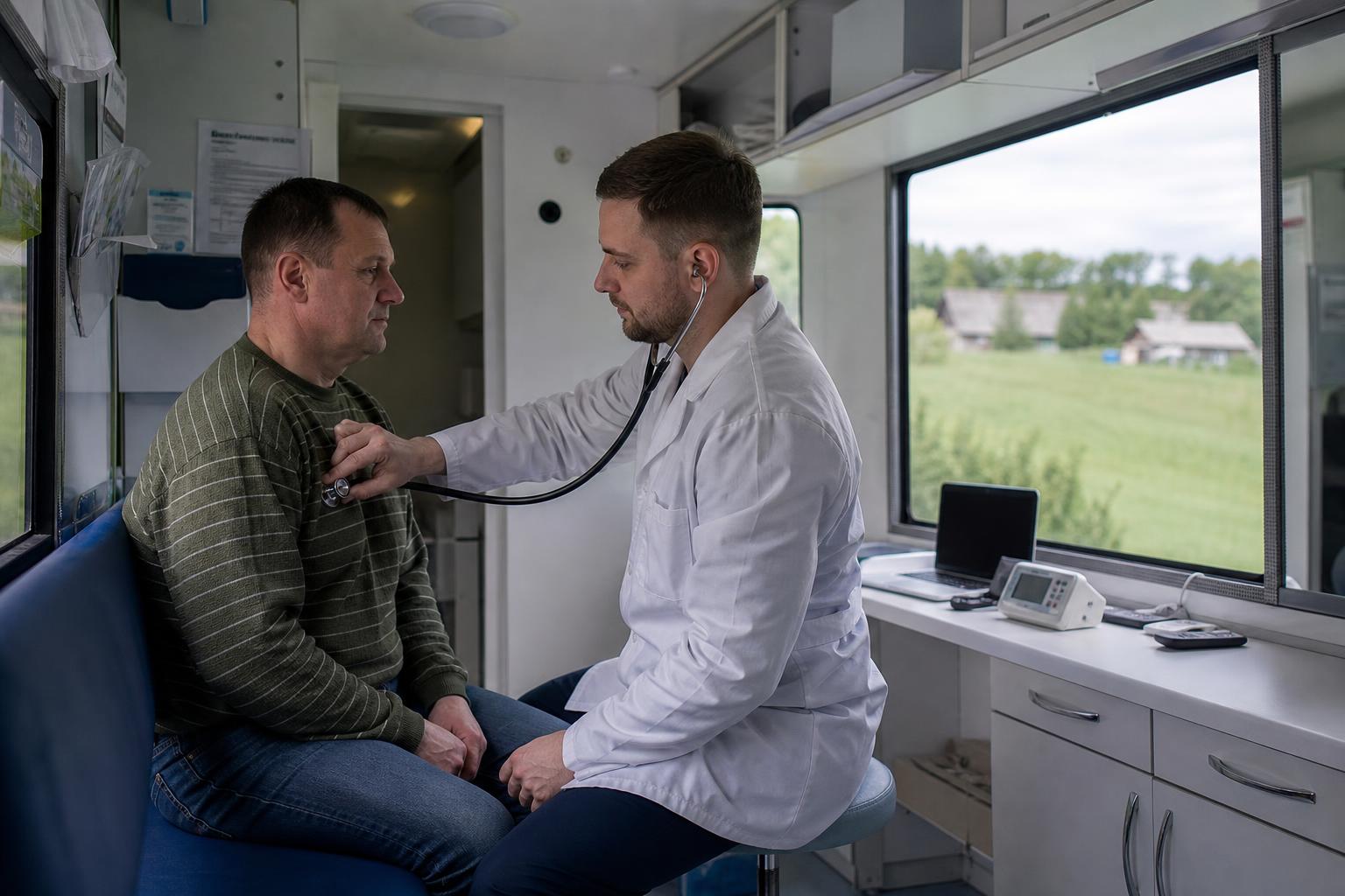 Медицинский работник проводит обследование пациента в мобильном кабинете в сельской местности
