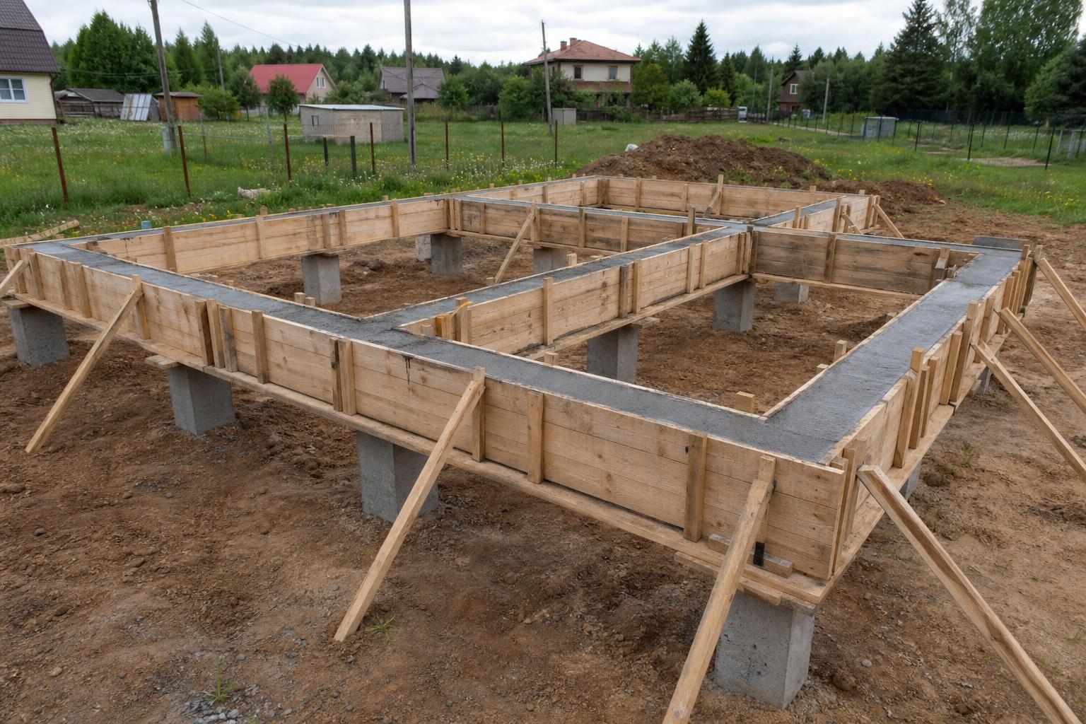 Устройство свайно-ростверкового фундамента на загородном участке с видимыми сваями и ростверком