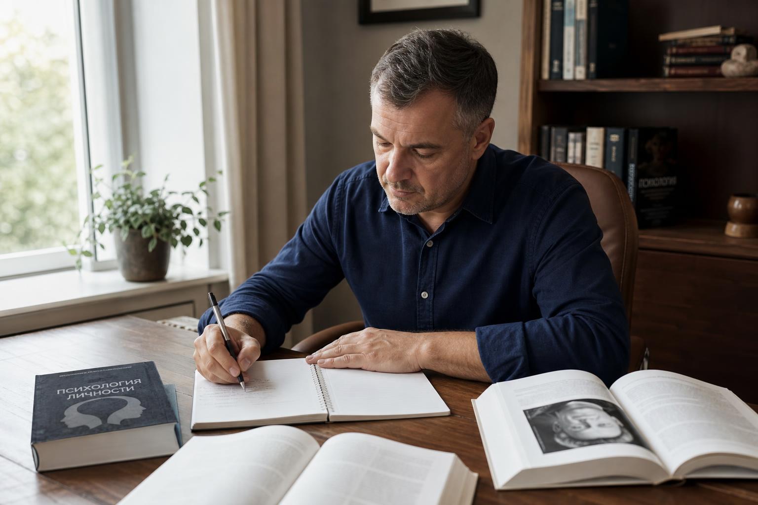 Человек ведёт записи за столом с открытыми книгами по психологии