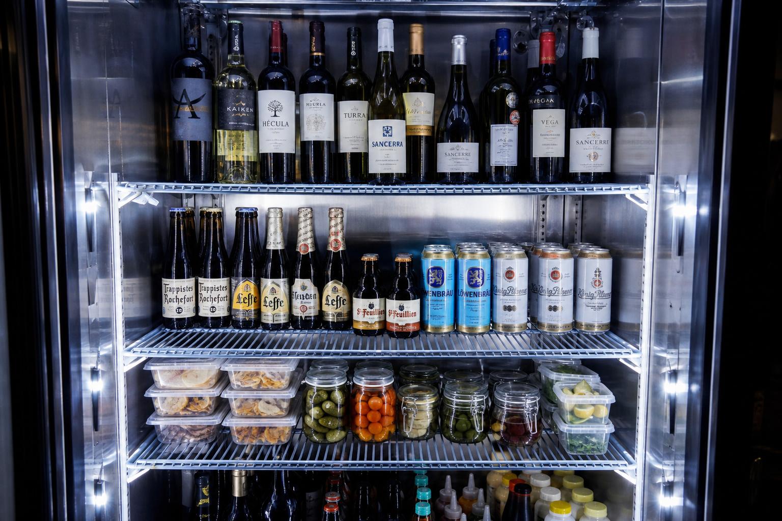 Внутренний вид холодильной камеры с бутылками и продуктами для бара