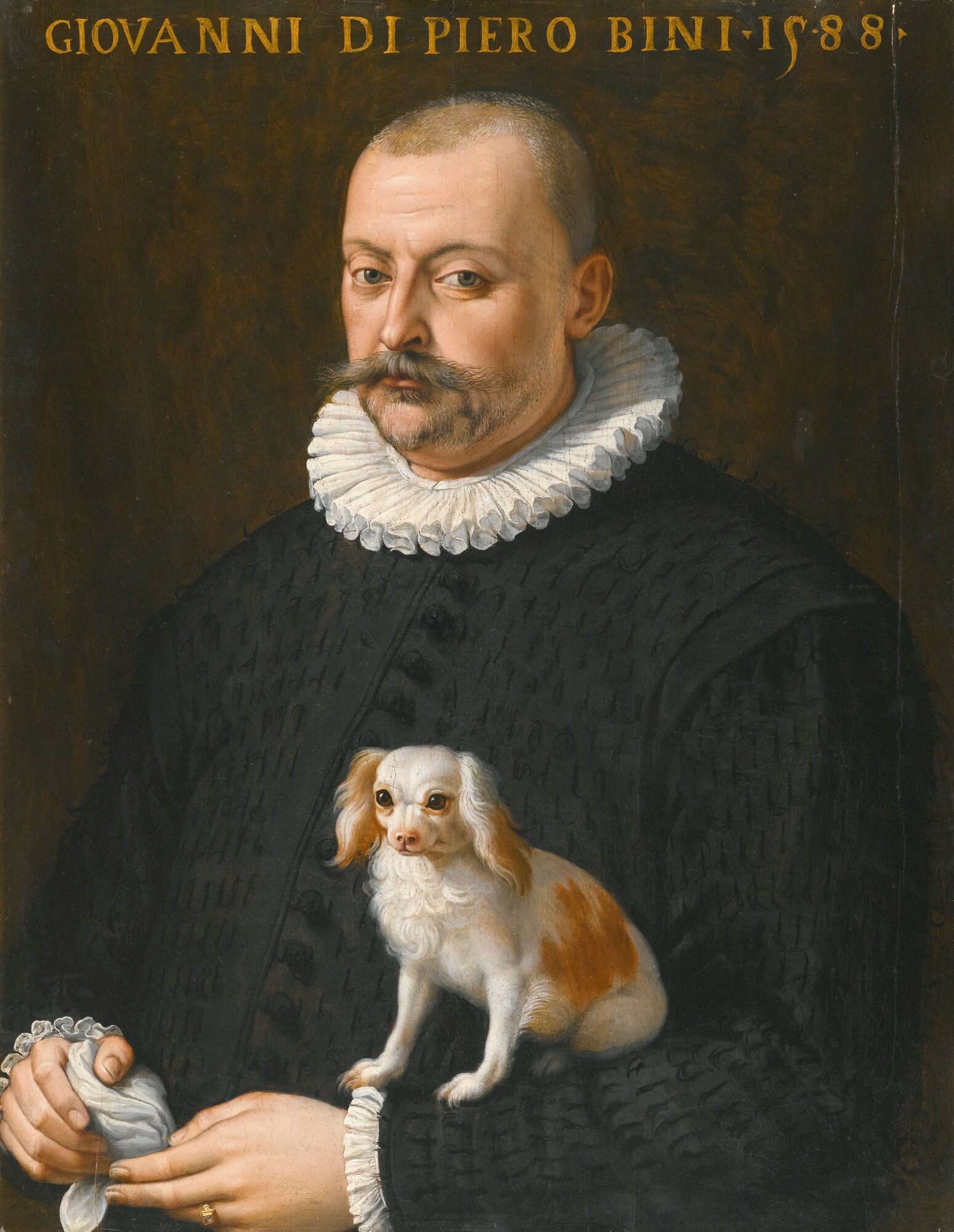 19Attributed to Giovanni Maria Butteri PORTRAIT OF GIOVANNI DI PIERO BINI, HALF LENGTH, WEARING A BLACK DOUBLET AND HOLDING A DOG.jpg