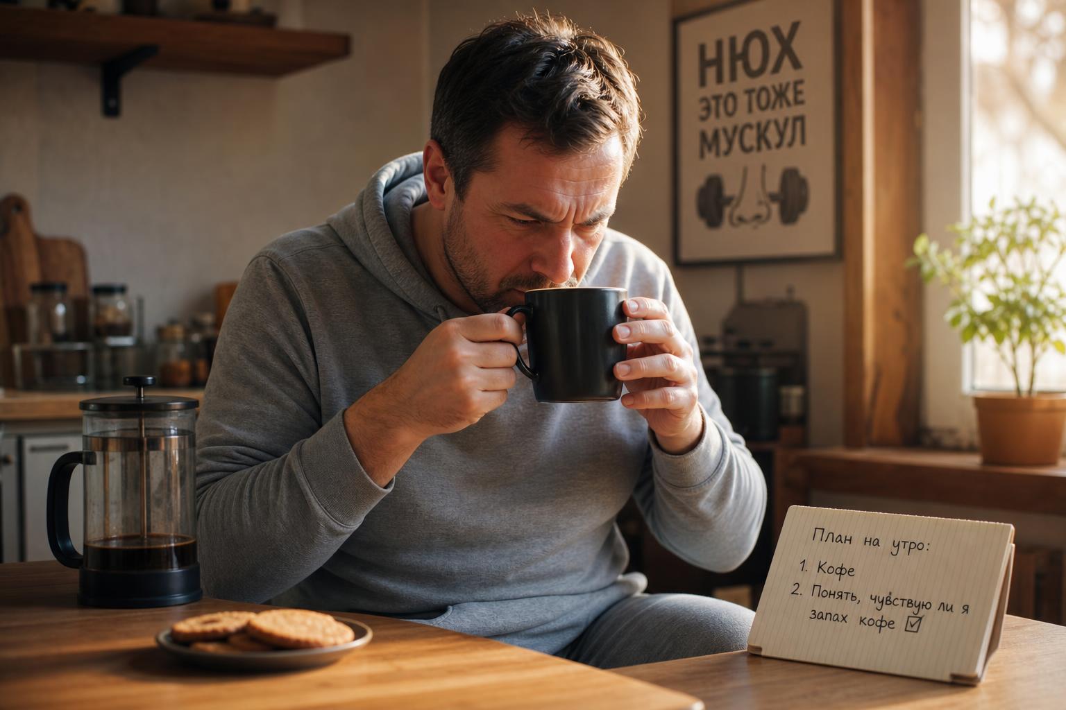 Человек нюхает ароматный кофе из кружки, пытаясь уловить запахи после простуды