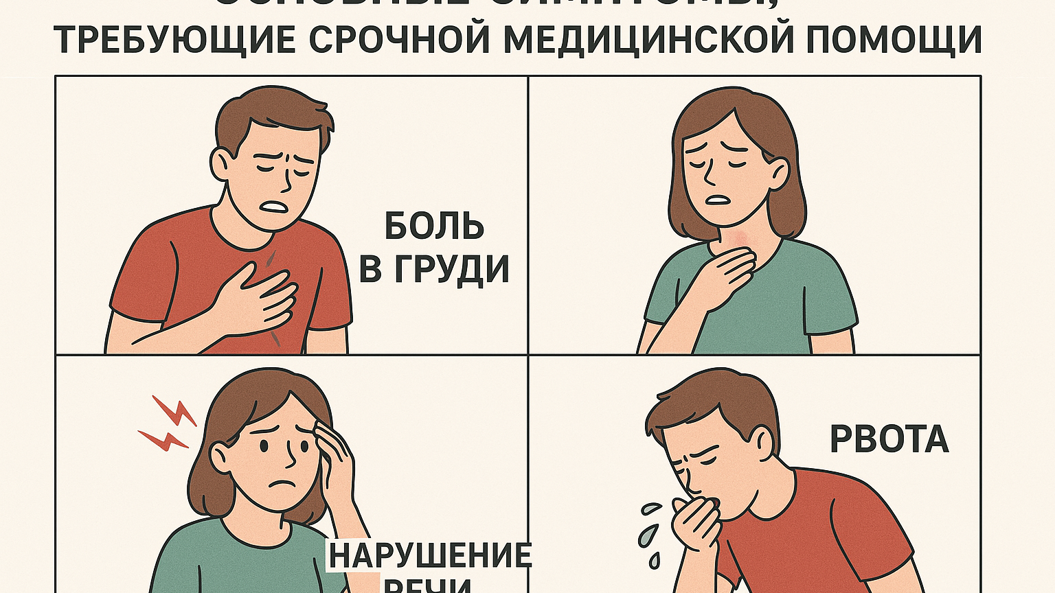 Схема, иллюстрирующая основные симптомы, требующие срочной медицинской помощи, с изображениями и подписями.