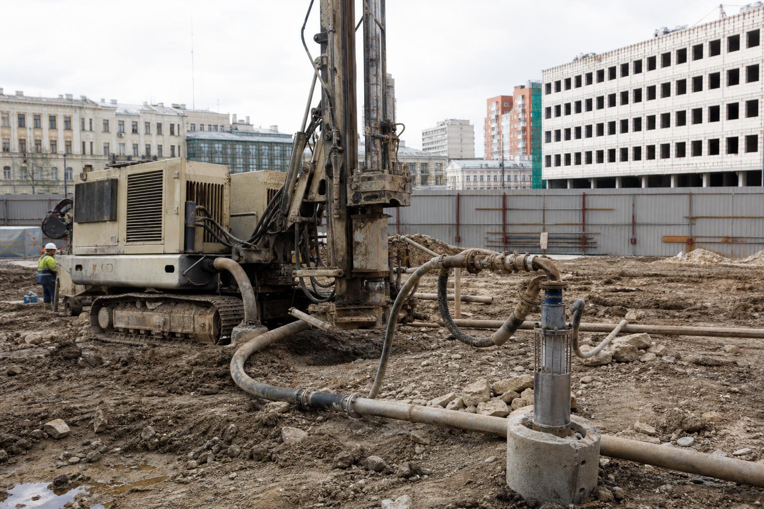 Буровая установка на площадке с установленной водопонижающей скважиной