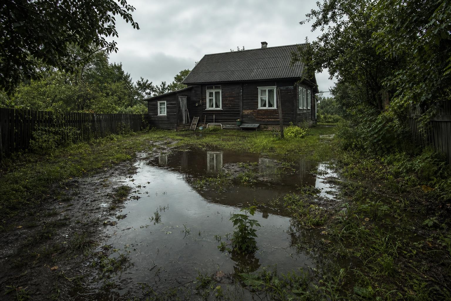 Затопленный участок после дождя с лужами у дома
