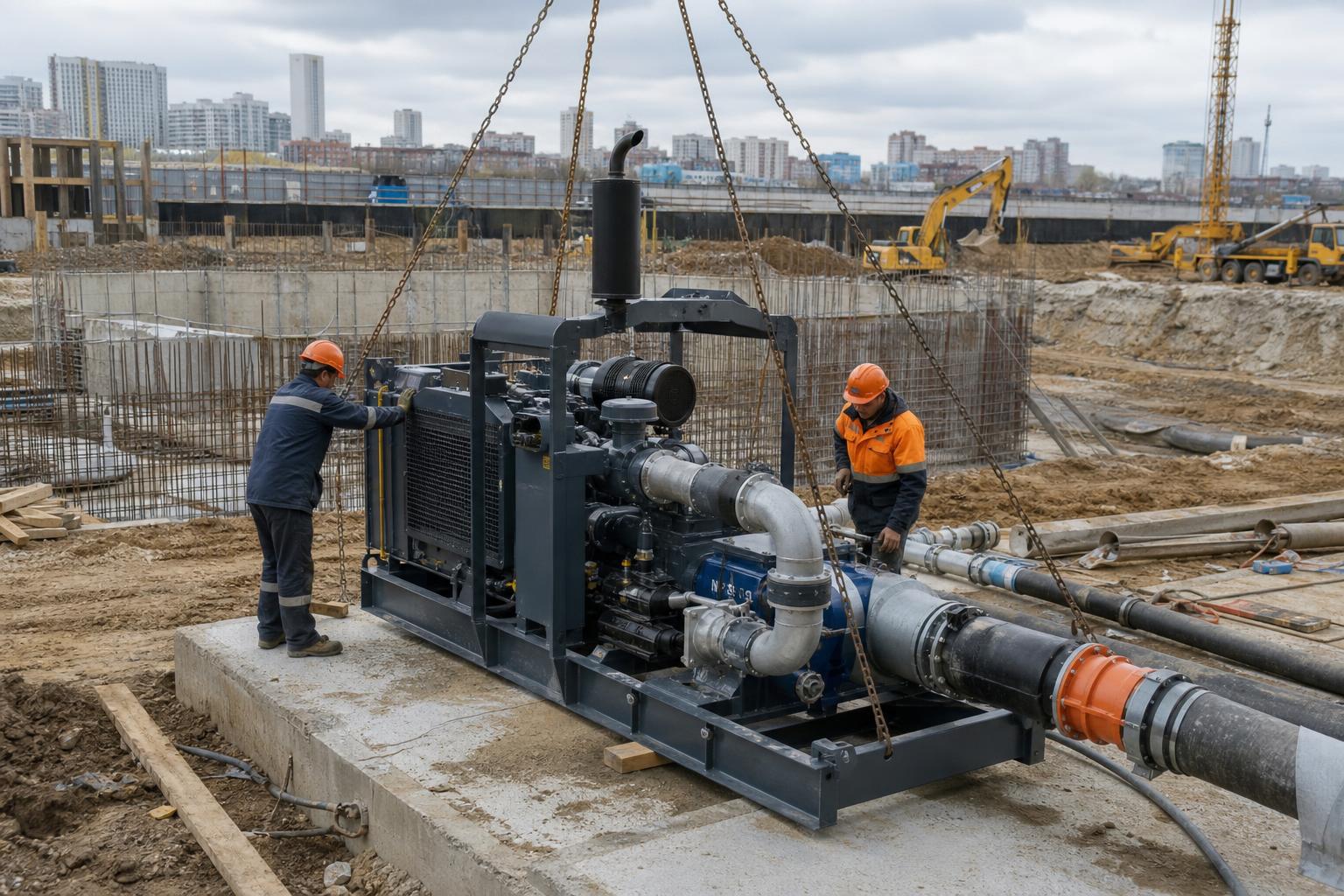 Установка насосного оборудования для осушения строительного котлована