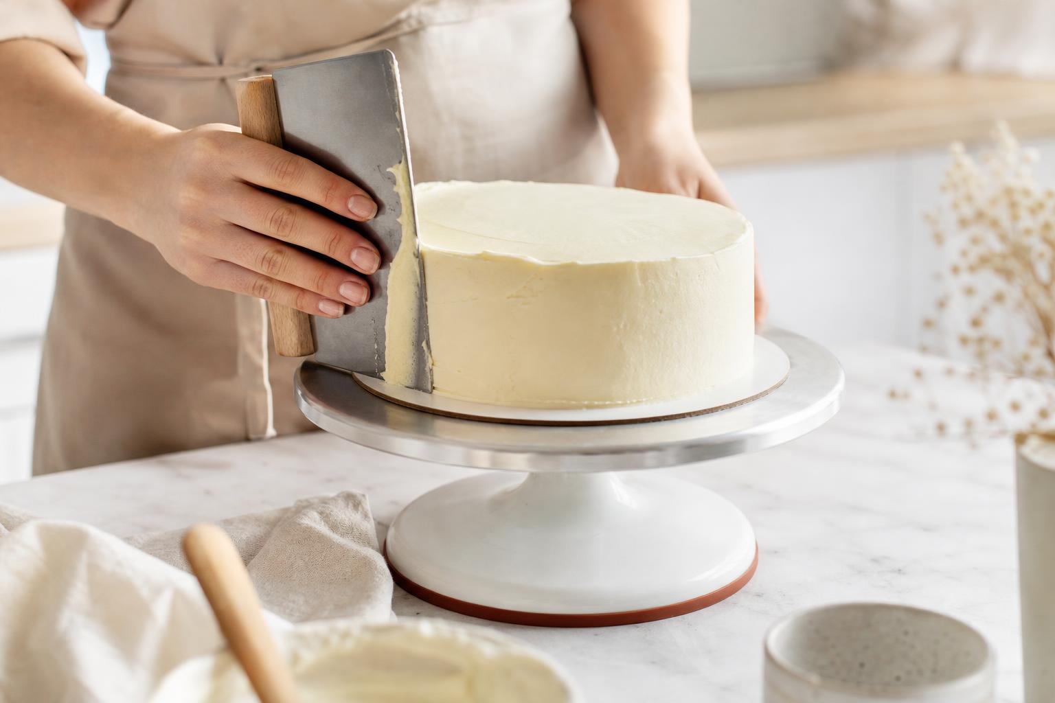 Кондитер выравнивает бок торта скребком на поворотном столике, крем-чиз на масле ложится ровным слоем