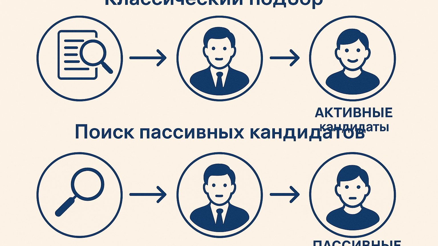 Схема, представляющая различия между классическим подбором и поиском пассивных кандидатов.